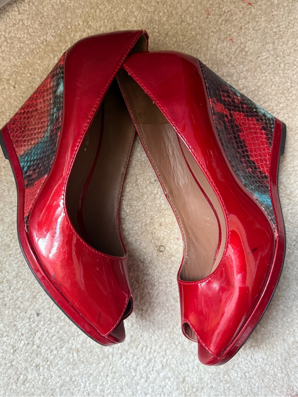 Donald J Pliner Red Patent Peep-Toe Wedge Pumps with Snakeskin Accent